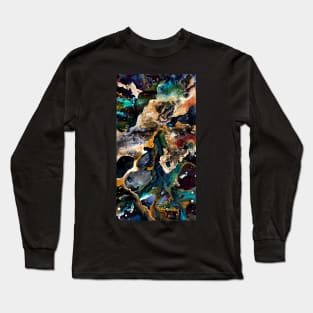 Abstract Nebula in Black, Tan, White, and Teal with Red Accent Long Sleeve T-Shirt